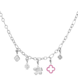 Ketting met klaver- en bloemenbedels - zilver